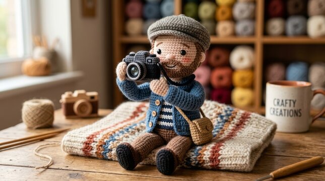 Adorable Bearded Man Holding Vintage Camera with Stuffed Bear on Cozy Blanket.