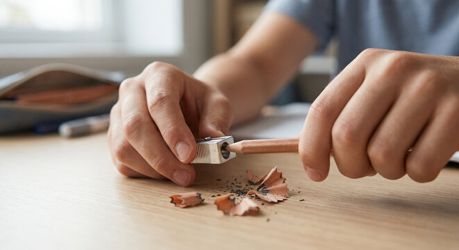 Close up of student hands sharpening a wooden pencil at a desk for school work or art project.