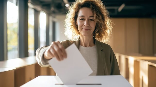 Smiling woman inserting a paper ballot into a ballot box