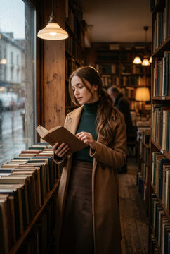 Young Woman Reading Book in Cozy Bookstore on Rainy Day