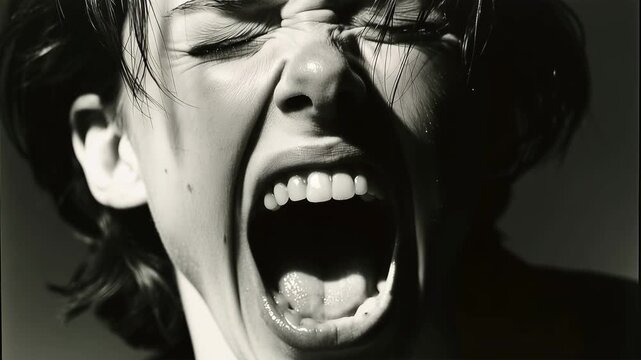 Intense black and white portrait of screaming young man expressing rage, frustration, emotional pain and mental stress with dramatic low key lighting and close up composition