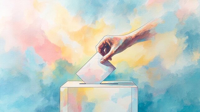 Watercolor Illustration of a Hand Casting a Ballot into an Election Box