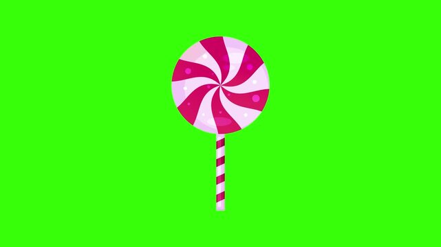 Colorful Pink Sweet Spiral Lollipop Candy Spinning Seamless Loop Animation on Chroma Key Green Screen Background Representing Sugar Treats