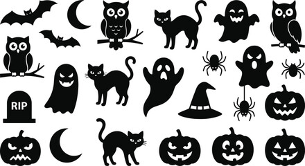 Obraz premium Set of black silhouette icons for halloween featuring pumpkins cats ghosts owls bats spiders and moons on white