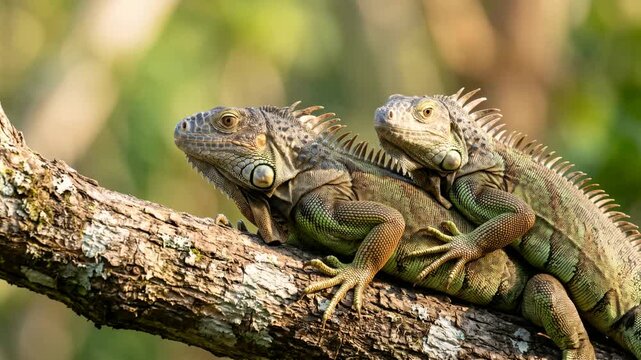 two iguanas close up on a tree at morning light in galapagos islands ecuador video