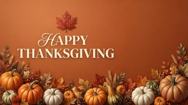 Happy thanksgiving greeting card with pumpkins and autumn leaves on background