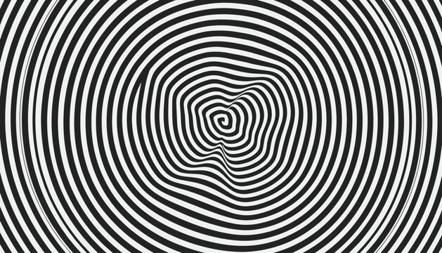 Hypnotic black and white spiral abstract background design creating an optical illusion, vertigo, and vortex pattern.