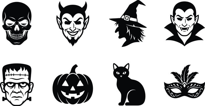 A collection of hand drawn halloween icons featuring a skull devil witch vampire frankenstein pumpkin cat and masquerade mask