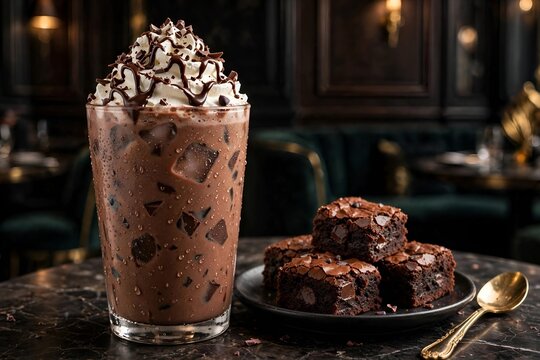 Iced Chocolate Frappe with Whipped Cream Chocolate Drizzle and Fudge Chocolate Brownies on Marble Table
