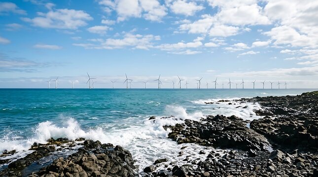 Offshore wind farm with turbines in the ocean, rocky coastline, and waves