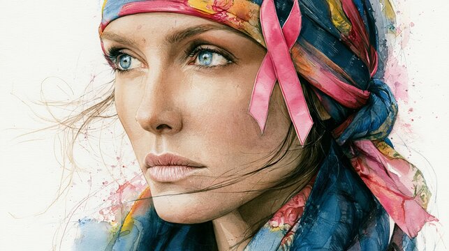 Intense gaze of a woman wearing a vibrant patterned headscarf, captured in watercolor style, representing strength and unique beauty