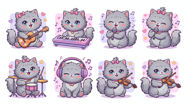 Cute Chibi Pink Cat Musician Character Playing Guitar and Piano Six Poses