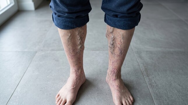 Front view of legs with severe varicose veins and spider veins on calves