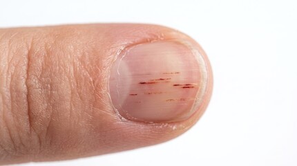 Fototapeta premium Macro shot of splinter hemorrhages linear dark marks under fingernail