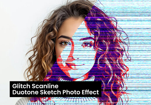 Glitch Scanline Duotone Sketch Photo Effect