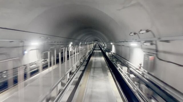 Driverless Train Ride Through Subway Tunnel &ndash; Front View During Fast Travel