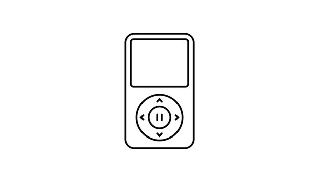 Minimalist black line drawing of a retro portable MP3 music player with a digital screen and round wheel interface.
