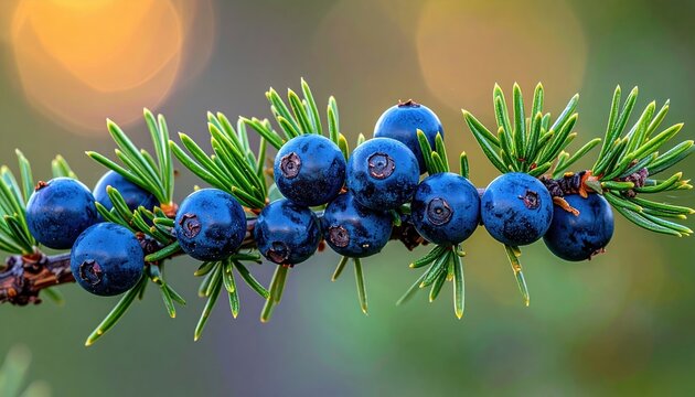 Juniper branch with deep blue berries and fresh evergreen needles, natural botanical ingredient