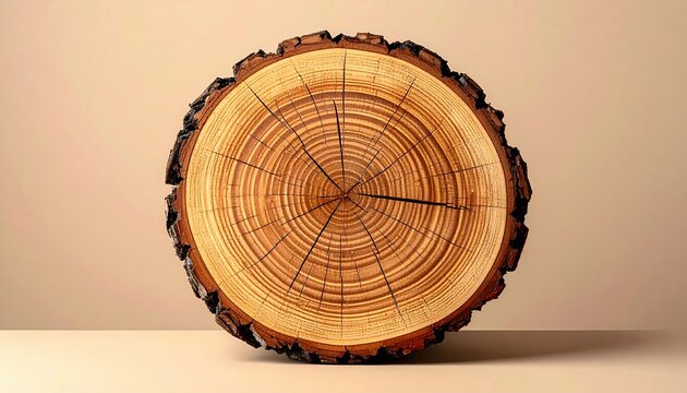 Natural cross-section of tree trunk showing detailed circular growth rings, clean beige background, forestry and nature photography