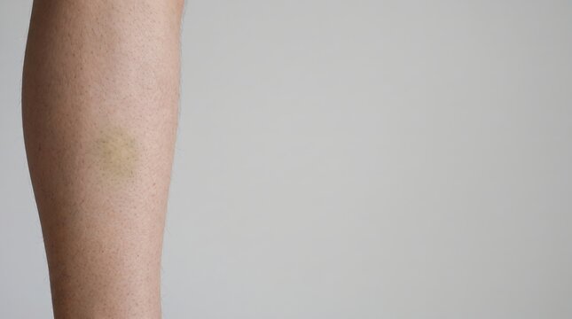 Healing yellow bruise on human leg skin isolated on neutral background