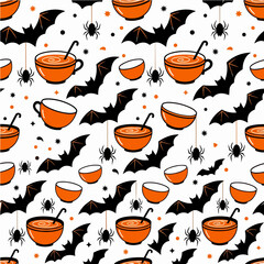 Obraz premium Halloween Seamless Pattern with Bats and Orange Bowls for Festive Holiday Design Projects