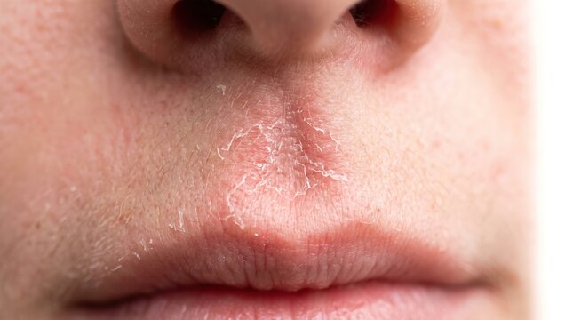 Extreme close up of severely dry chapped peeling skin under nose