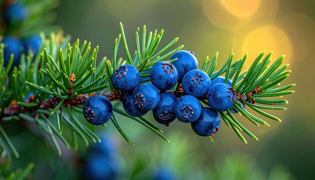 Juniper branch with deep blue berries and fresh evergreen needles, natural botanical ingredient