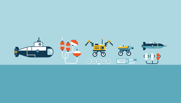 Deep sea underwater exploration vehicles including a yellow submarine rovs and scientific research tools.