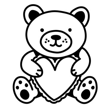 Cute teddy bear holding heart, bold black outline, sweet love character design