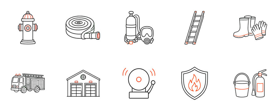 Fire equipment vehicles and safety icons collection