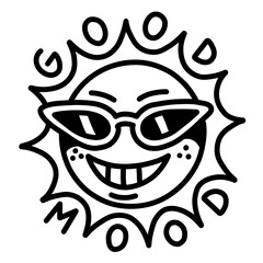 Fototapeta premium Cool sun character wearing sunglasses, smiling face, edgy bold black line art