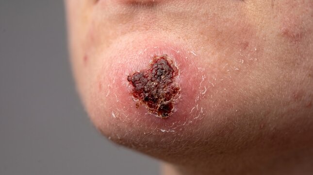 Close Up of Large Crusted Scab and Inflamed Ulcer Lesion on Human Chin