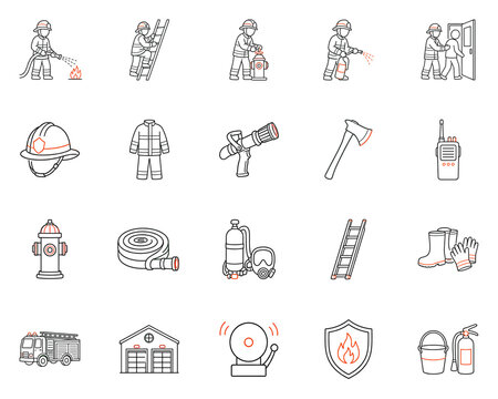 Big firefighter and fire safety icons bundle of 20