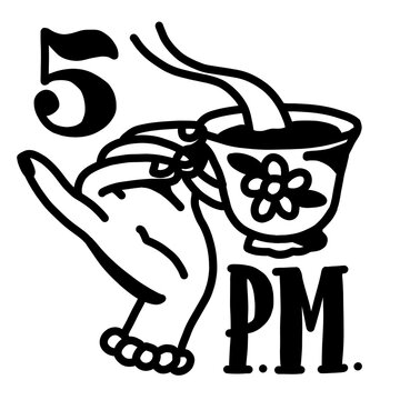 Hand holding cocktail glass, 5 PM text, bold retro cartoon happy hour art
