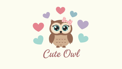 Fototapeta premium Adorable cartoon baby owl wearing a pink bow and surrounded by colorful pastel hearts on a warm light cream background.