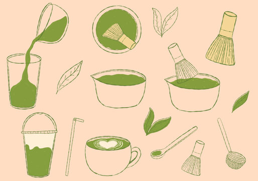 Aesthetic pastel green matcha green tea drink and tool line art outline doodle icon set collection for cute coquette cafe menu graphic design element
