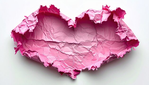 Pink torn paper heart with rough textured edges, clean white background, handmade craft and romantic design concept