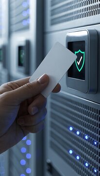Hand using a blank access card to unlock a secure server room door with digital scanner.
