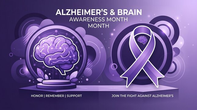 Alzheimer and brain awareness month concept with purple ribbons and glowing brain illustrations on a decorative podium for social medical support