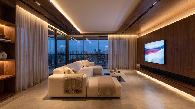 Modern apartment living room interior design featuring cozy sectional sofa neutral palette smart lighting panoramic windows wood paneling and decor