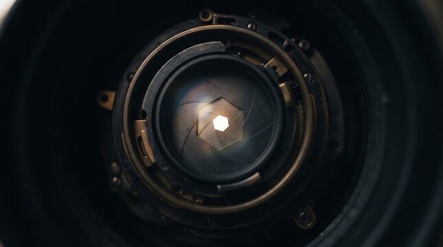 Close up view of optical camera lens aperture diaphragm blades mechanism with light passing through