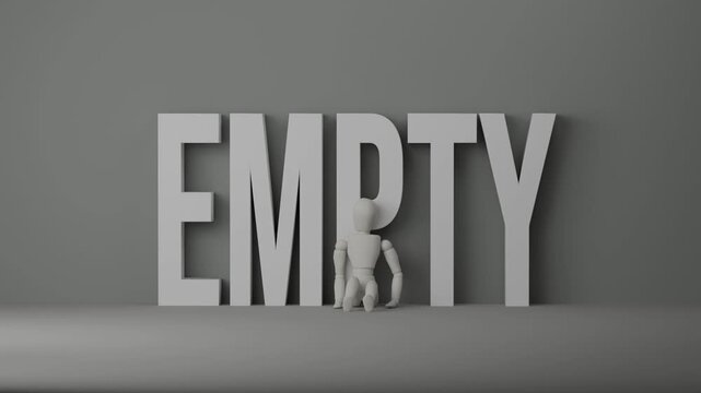 Person sitting in front of the word empty, visual metaphor for emotional numbness, loneliness and existential emptiness