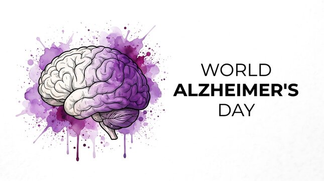 World Alzheimers Day concept featuring a human brain illustration with artistic purple watercolor splash effects on a clean white background design