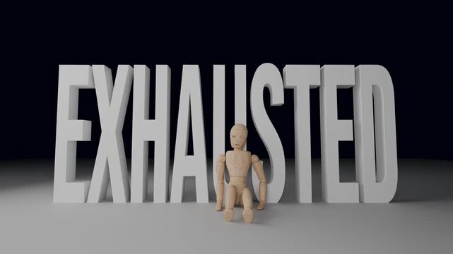 Exhausted person sitting beneath the word exhausted, conceptual animation about chronic fatigue, stress and emotional depletion
