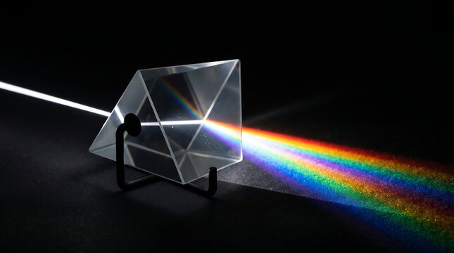 Mesmerizing scientific demonstration of light passing through a crystal prism, creating a vibrant spectrum of colors through optical dispersion and refraction on a dark background