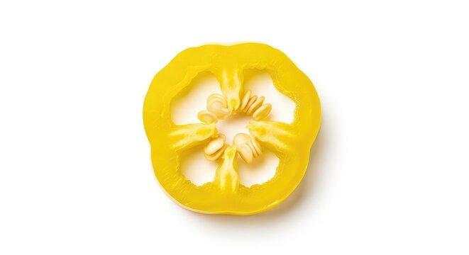 A single round slice of vibrant yellow pickled banana pepper with visible seeds, isolated on a clean white background for food photography, texture, white, isolated