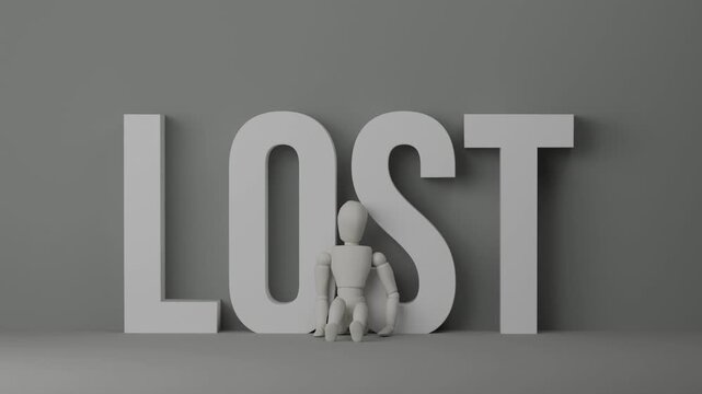 Lonely person facing the word lost, visual metaphor for an uncertain future, identity crisis and searching for life purpose