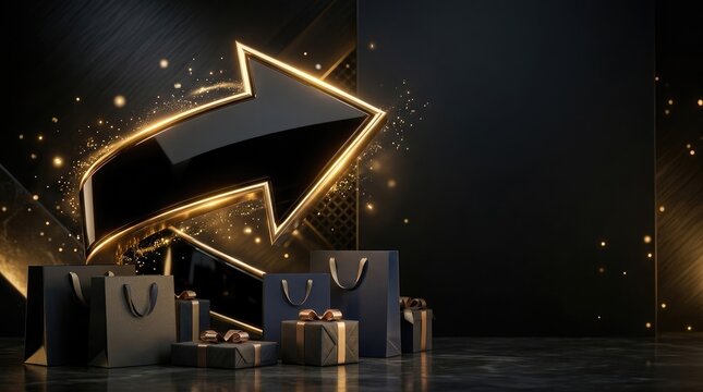 Black Friday Luxury Sale Template with Gold Arrow and Gift Boxes with Copy space