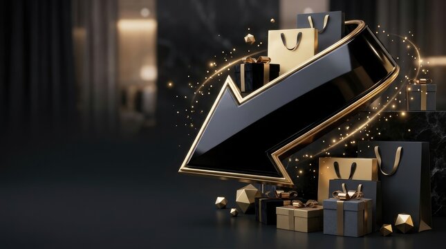 Luxury Black Friday Discount Background with Arrow and Gift Boxes with Copy Sapce