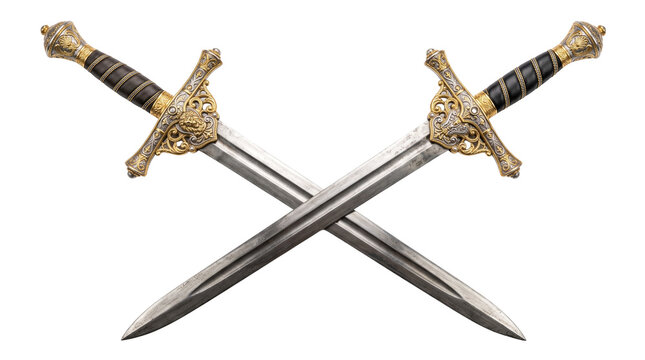 Two Crossed Ornate Medieval Swords with Gold Decorative Hilts Isolated on Transparent Background